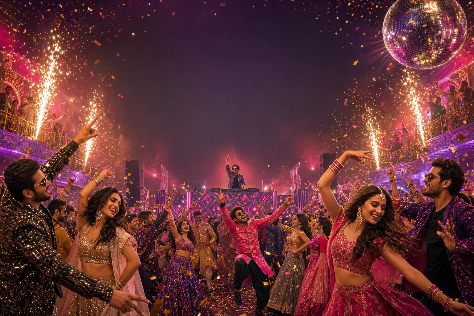 Glittering Bollywood dance party with sequined dancers, sparkler fountains, confetti and a giant disco ball