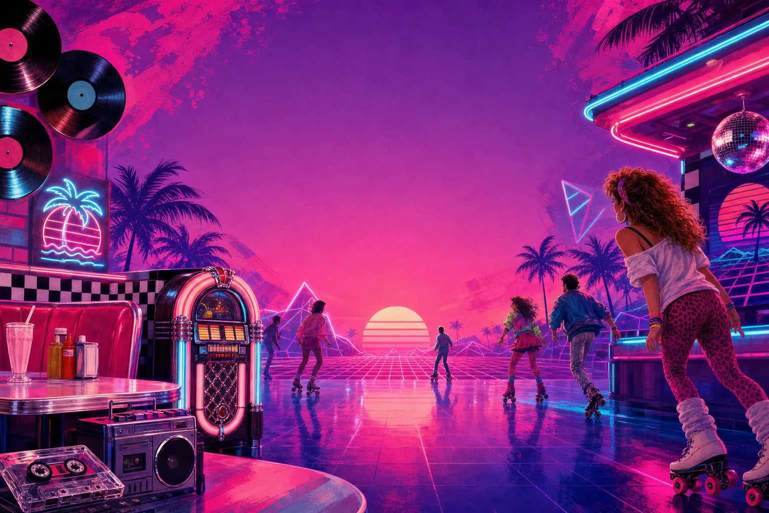 Synthwave roller disco with a neon jukebox, vinyl records, palm trees and skaters under a pink sunset