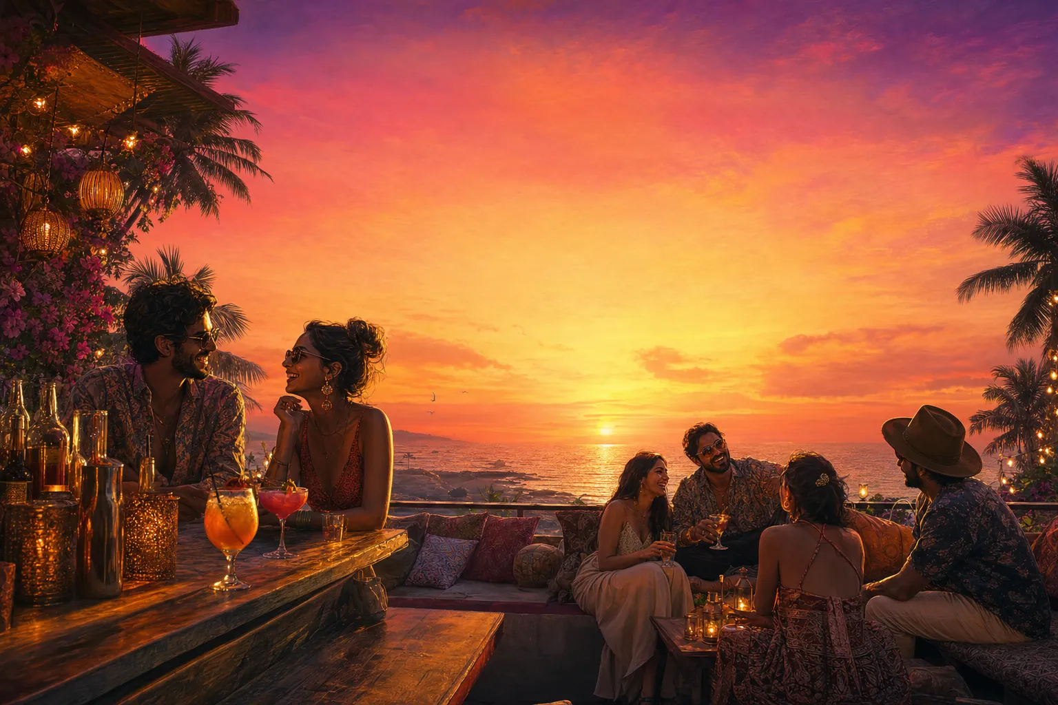 Friends at a beachside lounge bar sipping cocktails while the sun sets over the sea in orange and pink