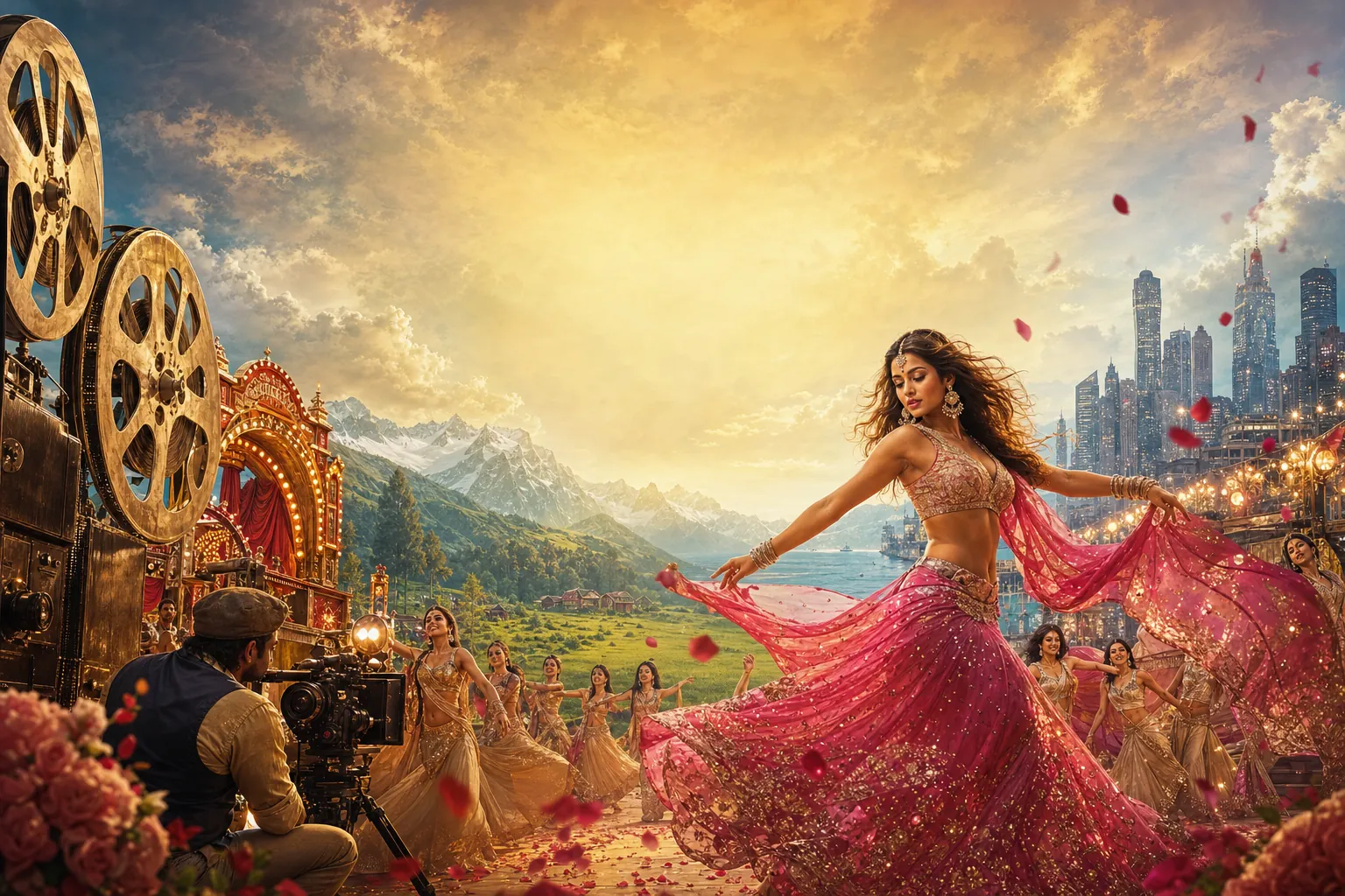 Golden-hour film set with a heroine in a flowing pink lehenga, rose petals, film reels and snowy mountains